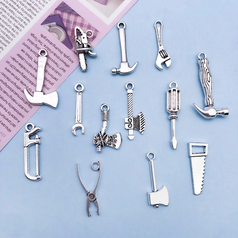 Antique Silver Zinc Alloy Miniature Tool Charms Pendants Hammer Wrench Axe Saw For DIY Jewelry Making Beading Necklace Handcrafted Accessories