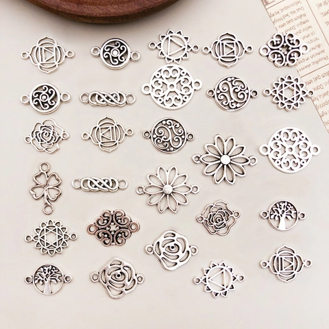 Antique Silver Alloy Hollow Rose Flower Life Tree Mandala Double Hole Connector Pendants DIY Jewelry Making Findings