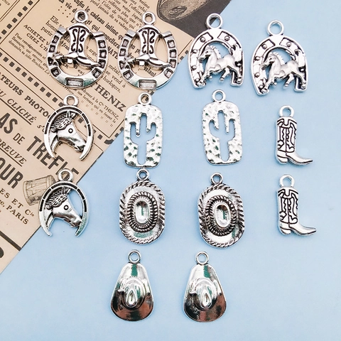 Vintage Zinc Alloy Western Cowboy Charms For Jewelry Making Antique Silver Cactus Horse Cowboy Hat Boot Horseshoe Charms For DIY Craft Necklace Accessories