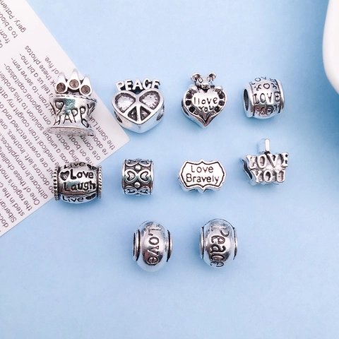 Vintage Antique Silver Alloy Large Hole Beads Heart Love Letter Peace Charms For DIY Bracelet Necklace Jewelry Making Accessory