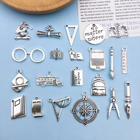 Antique Silver Alloy Graduation Theme Charms Academic School Cap Diploma Book Bus For DIY Jewelry Making Pendants
