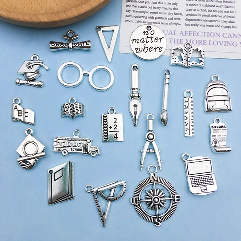 Antique Silver Alloy Graduation Theme Charms Academic School Cap Diploma Book Bus For DIY Jewelry Making Pendants