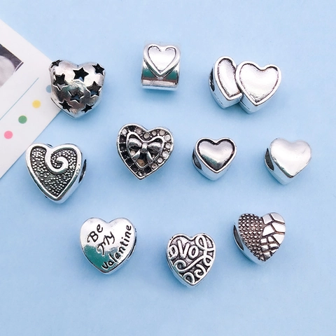 Antique Silver Heart Alloy Large Hole Beads For DIY Jewelry Making Bracelet Necklace Heart Shaped Metal Charms Accessories