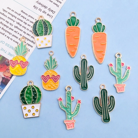 Cartoon Enamel Alloy Charms Cactus Carrot Pineapple Plant Pendants For DIY Jewelry Making Handicraft Accessories