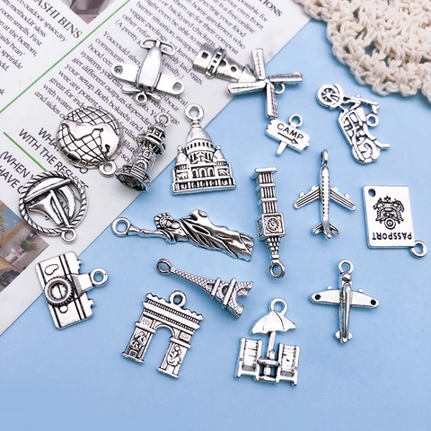 Dijes de Aleación de Plata Antigua Monumentos del Mundo para Creación de Joyas DIY Avión Vintage Torre Eiffel Cámara Pasaporte Tierra Accesorios de Colgante