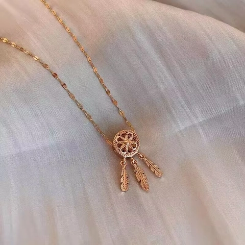 Elegante Collana Con Pendente Acchiappasogni in Rame Oro Rosa Con Ciondoli a Piuma Gioielli Boho Traforati per Regalo Donna Quotidiano