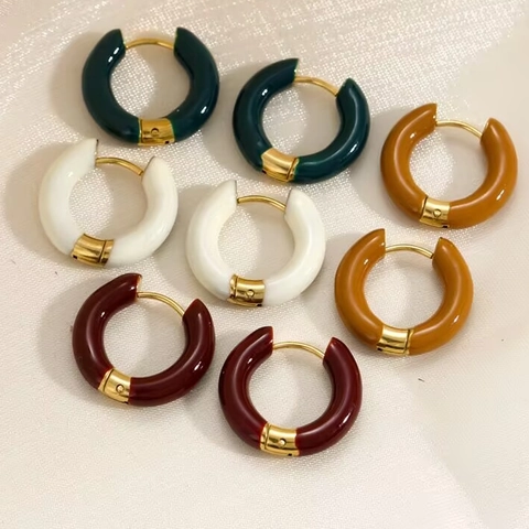 Pendientes de Aro Vintage de Acero Inoxidable Esmalte Geométrico Redondo Colorido Goteo de Aceite Joyería Minimalista Mujer Regalo