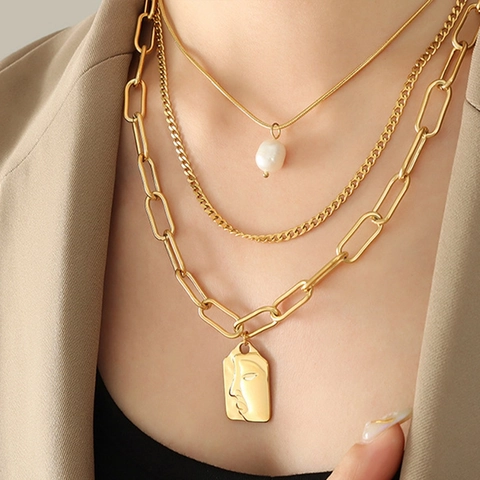 Collar en Capas Vintage con Colgante de Rostro Humano para Mujer Acero Inoxidable Dorado Plateado Perla Artificial Joyería