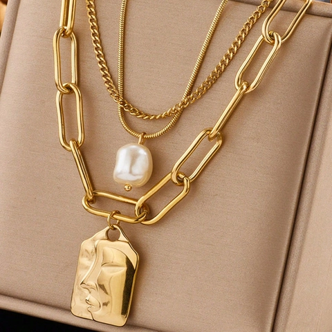 Collar en Capas Vintage con Colgante de Rostro Humano para Mujer Acero Inoxidable Dorado Plateado Perla Artificial Joyería