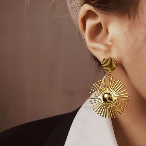Pendientes Colgantes de Sol Radiante Grandes Chapados en Oro Acero Inoxidable Joyería Boho Vintage para Mujer