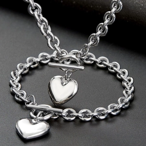 Collier Et Bracelet En Acier Inoxydable Avec Pendentif Coeur Fermoir Cabillote Chaîne Forçat Grosse Or Argent Bijoux Femme