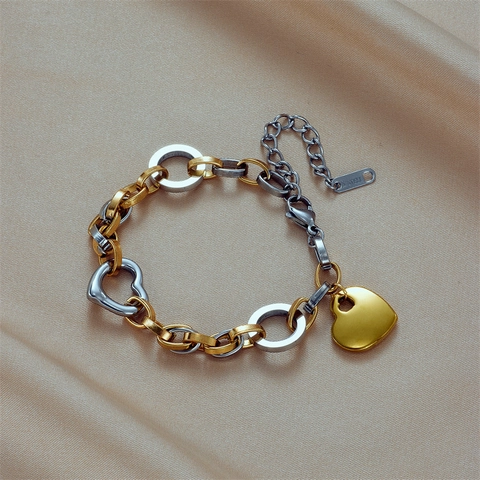 Herz Anhänger Armband Zweifarbig Edelstahl Grobe Kette Verstellbar Kontrastfarbe Modeschmuck