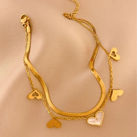 Gold Plated Stainless Steel Double Layer Anklet For Women Elegant Heart Shaped Shell Inlay Foot Jewelry Accessories Gift