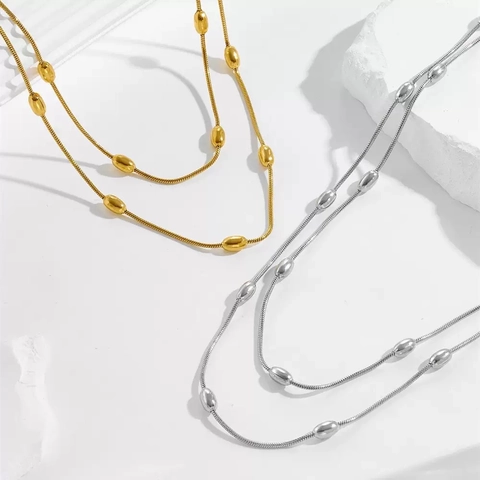 Minimalist Stainless Steel Double Layer Snake Chain Necklace Bracelet With Bead Decoration Gold Silver Jewelry Set For Women