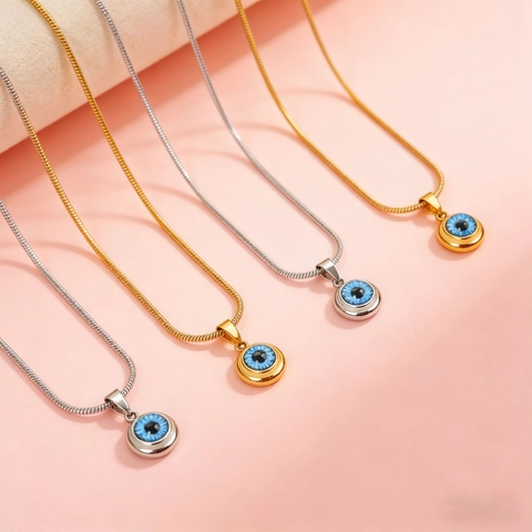 Collar de Pendiente de Ojo del Diablo de Acero Inoxidable para Hombres Mujeres Chapado en Oro Plata Redondo Ojo Azul Cadena de Cuerda Serpiente