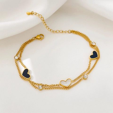 18K Gold Plated Titanium Steel Double Layer Anklet For Women Butterfly Heart Pendant Rhinestone Adjustable Foot Jewelry