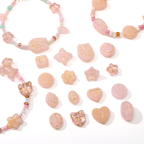 Pink Czech Glass Beads Gold Painted Butterfly Flower Cat Shape Loose Beads For DIY Bracelet Necklace Jewelry Making Crafts