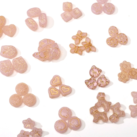Pink Glass Czech Beads For DIY Jewelry Making Vintage Gold Painted Heart Butterfly Animal Shape Loose Spacer Beads Material