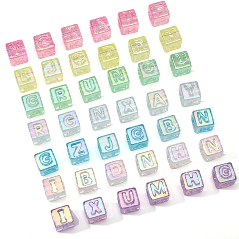 Iridescent Acrylic Alphabet Cube Beads Large Hole Engraved Letter Loose Beads For Jewelry Making DIY Bracelets Necklaces Accessory
