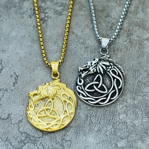 Collar de Acero Inoxidable con Colgante de Nudo de Triquetra de Dragón Celta Vikingo de Odín Para Hombre Joyería Mítica Nórdica Punk Regalo