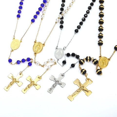 Stainless Steel Cross Rosary Necklace With Religious Beads And Jesus Pendant Retro Hip Hop Prayer Jewelry For Men Women