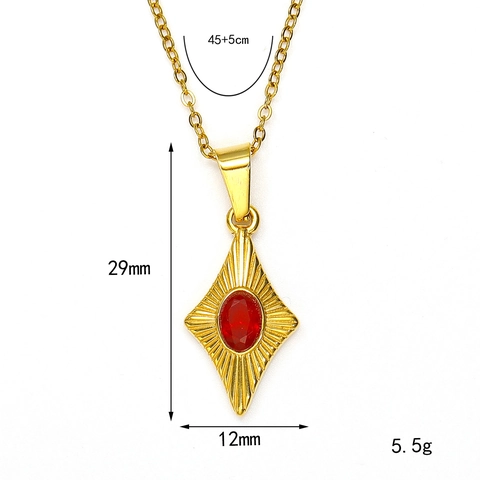 Vintage Stainless Steel Rhombus Pendant Necklace For Women Gold Plated Sunburst Texture Colorful Zirconia Gemstone Jewelry