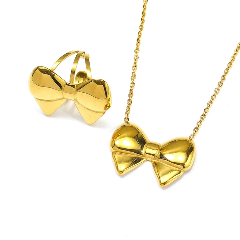 Damen Edelstahl 18K Vergoldet 3D Schleife Anhänger Halskette Und Verstellbarer Offener Ring Schmuckset Für Den Alltag