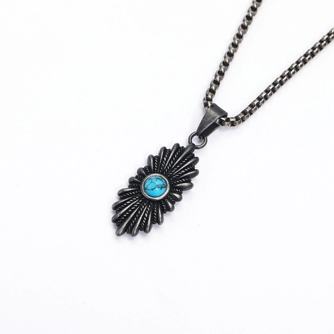 Vintage Distressed Titanium Steel Sunburst Pendant Necklace With Artificial Turquoise Radiant Sun Flower Geometric Industrial Jewelry Gift