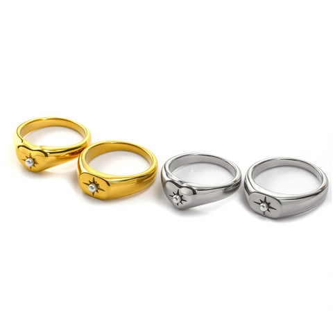 Anello a Sigillo in Acciaio Inossidabile Con Stella a Otto Punte e Perla Artificiale Cuore Ovale Oro Argento Gioielli Vintage