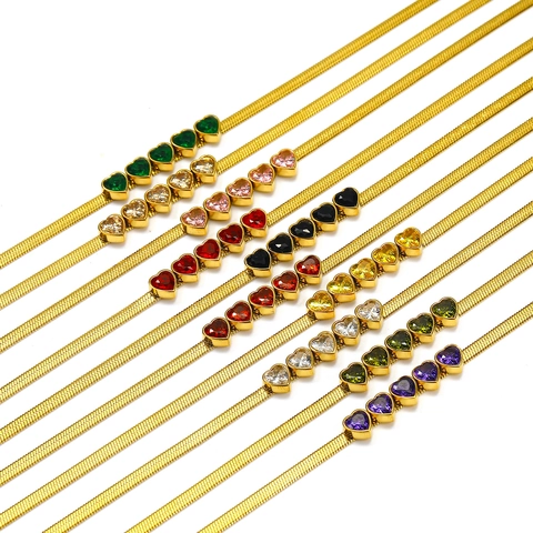 Vintage 18K Gold Plated Stainless Steel Snake Bone Chain Necklace For Women Heart Shaped Zircon Colorful Gem Pendant