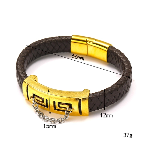 Men Ethnic Cowhide Braided Bracelet Stainless Steel Greek Key Pattern Gold Magnetic Clasp Leather Wristband Fashion Jewelry