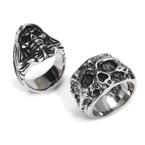 Vintage Punk Skull Ring For Men Titanium Stainless Steel Gothic Grim Reaper Skeleton Band Ring Hip Hop Biker Jewelry