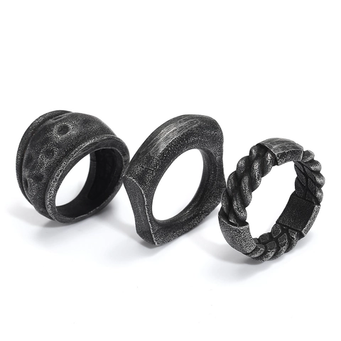 Men's Retro Punk Titanium Steel Geometric Ring Vintage Distressed Industrial Style Hammered Braided Square Band Ring Jewelry