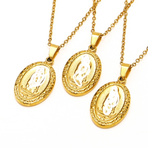 Vintage Titanium Steel Gold Plated Our Lady Of Guadalupe Relief Oval Pendant Religious Medal Jewelry For Women Gift