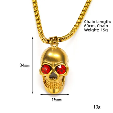 Punk Roestvrijstalen Schedel Hanger Halsketting Voor Heren Titanium Stalen Skelet Halsketting Met Rode Strass Ogen Goud Zwart Gotische Sieraden