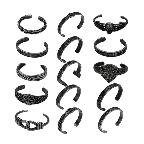 Nordic Viking Stainless Steel Open Cuff Bracelet For Men Retro Antique Silver Runes Vegvisir Lion Skull Bangle Jewelry Gift