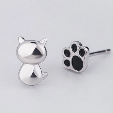 Asymmetric 925 Sterling Silver Earring Post Cat And Paw Stud Earrings Cute Minimalist Silver Animal Jewelry Gift For Women