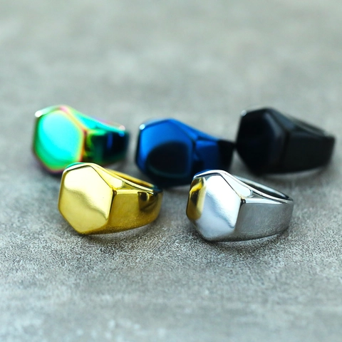 Minimalist Hexagon Signet Ring For Men Stainless Steel Titanium Steel Polished Flat Top Punk Business Band Jewelry Finger Ring