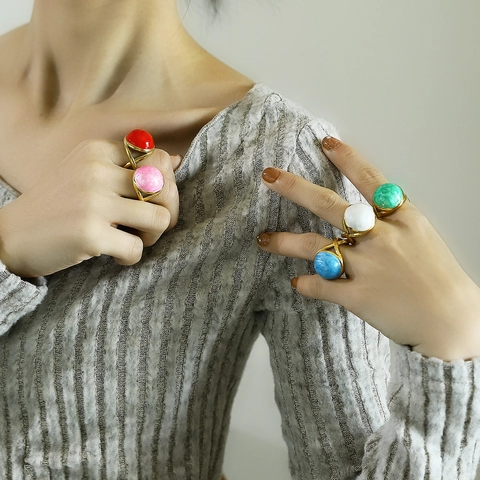 Titanium Steel Round Ring 18K Gold Plated Colorful Resin Marble Pattern Winding Hollow Enamel Ring For Women Fashion Jewelry