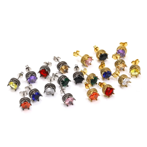 Boucles d'Oreilles Clous en Acier Titane Couronne Vintage pour Femmes Hommes Strass Incrusté Mode Punk Hip Hop Bijoux Cadeau Pièce Unique