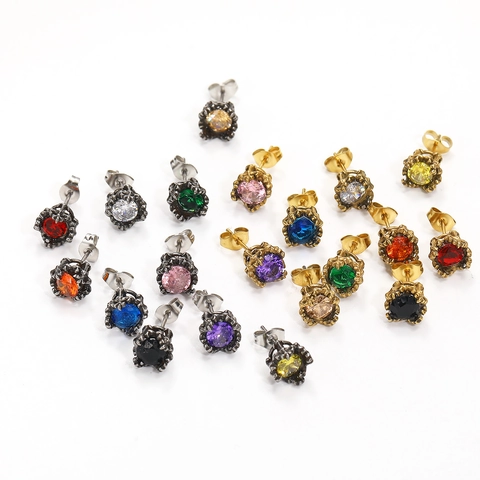 Vintage Titanium Steel Round Zirconia Stud Earrings For Women Men Unisex Retro Inlaid Zirconia Fashion Jewelry Accessory