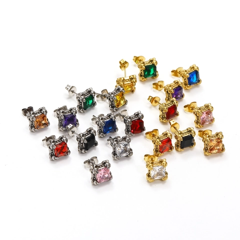 Retro Punk Square Rhinestone Stud Earring Titanium Steel Claw Inlaid Single Earring For Women Men Personalized Fashion Jewelry Gift