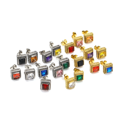 Vintage Punk Titanium Steel Square Rhinestone Stud Earrings For Men Women Retro Hip Hop Street Style Jewelry