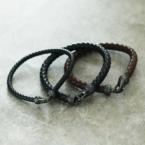 Men Braided Leather Bracelet With Stainless Steel Vintage Clasp Retro Business Style Fashion Wristband Jewelry Gift