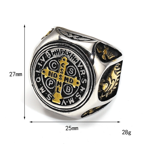 Retro Saint Benedict Medal Cross Signet Ring For Men Titanium Stainless Steel Vintage Religious Hip Hop Punk Finger Ring