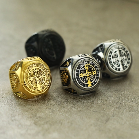Retro Saint Benedict Medal Cross Signet Ring For Men Titanium Stainless Steel Vintage Religious Hip Hop Punk Finger Ring