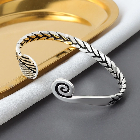 Vintage Armreif Thai Silber Geflochten Herren Damen Ethno Blatt Spirale Verstellbar Offen Retro Schmuck