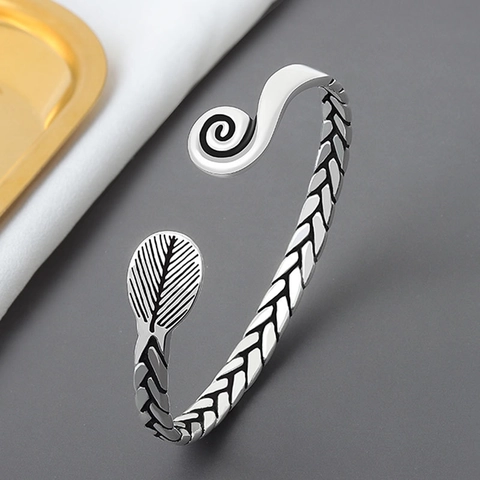Vintage Armreif Thai Silber Geflochten Herren Damen Ethno Blatt Spirale Verstellbar Offen Retro Schmuck