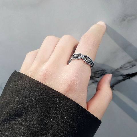 925 Sterling Silver Angel Wings Feather Open Ring For Women Vintage Thai Silver Style Adjustable Jewelry Finger Ring Gift