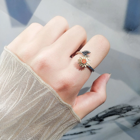 Bague Fidget Tournesol Rotative en Argent Sterling 925 pour Femme Bijoux de Soulagement de l'Anxiété Ajustable avec Gravure Sunshine
